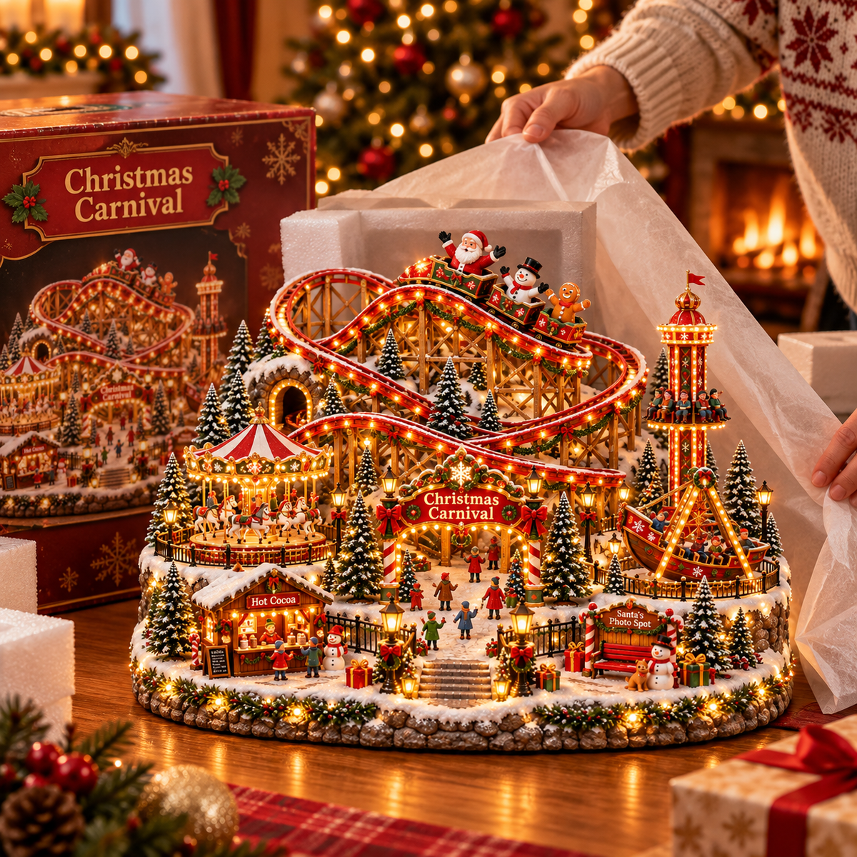 🎢 Magical Christmas Carnival Village – Animated Roller Coaster & Lighted Holiday Decor