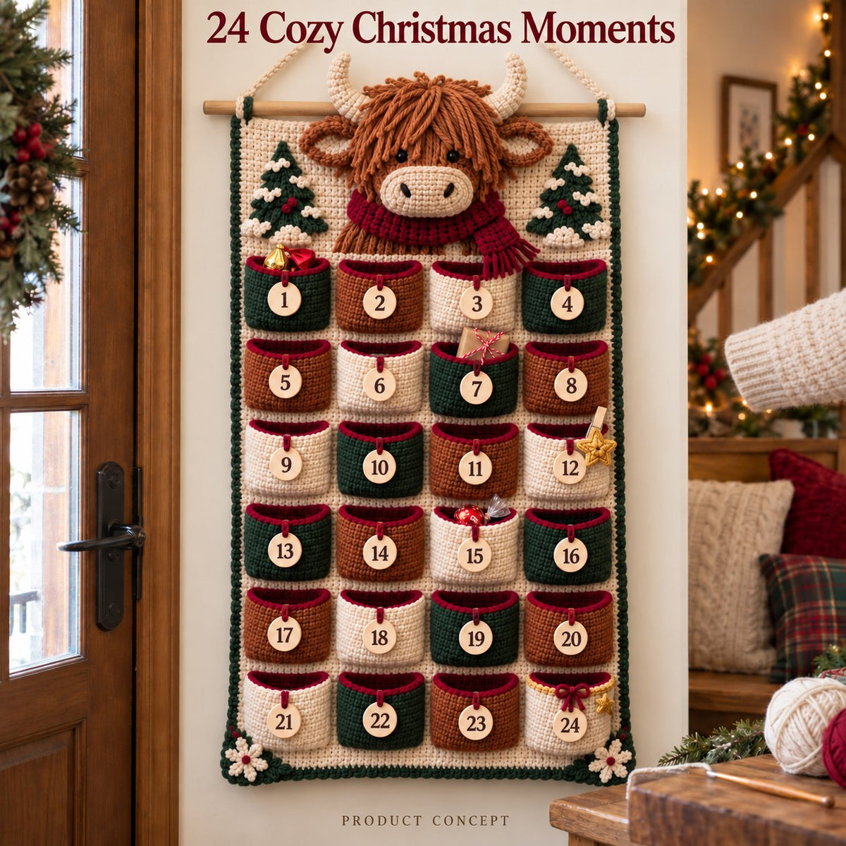 ⏳ Last Day 49% OFF – 🧶 DIY Crochet Advent Calendar Kit | 24 Refillable Pockets, 4 Christmas Characters & Complete Crochet Materials 🎄