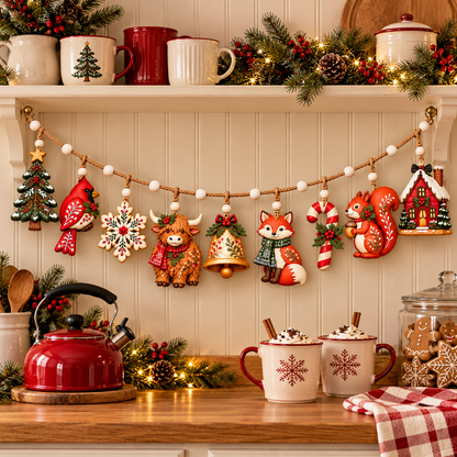 Enchanted Woodland Christmas Garland – Rustic Wooden Highland Cow & Forest Animal Hanging Decorations