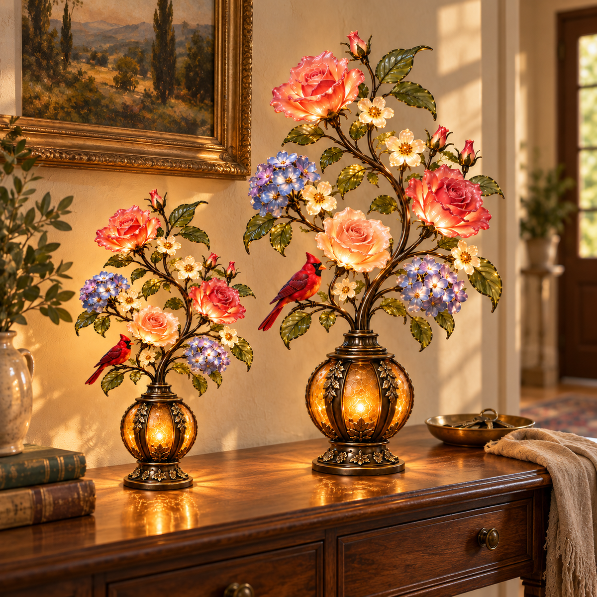 🌹✨ Eternal Bloom – Vintage Rose & Cardinal Table Lamp