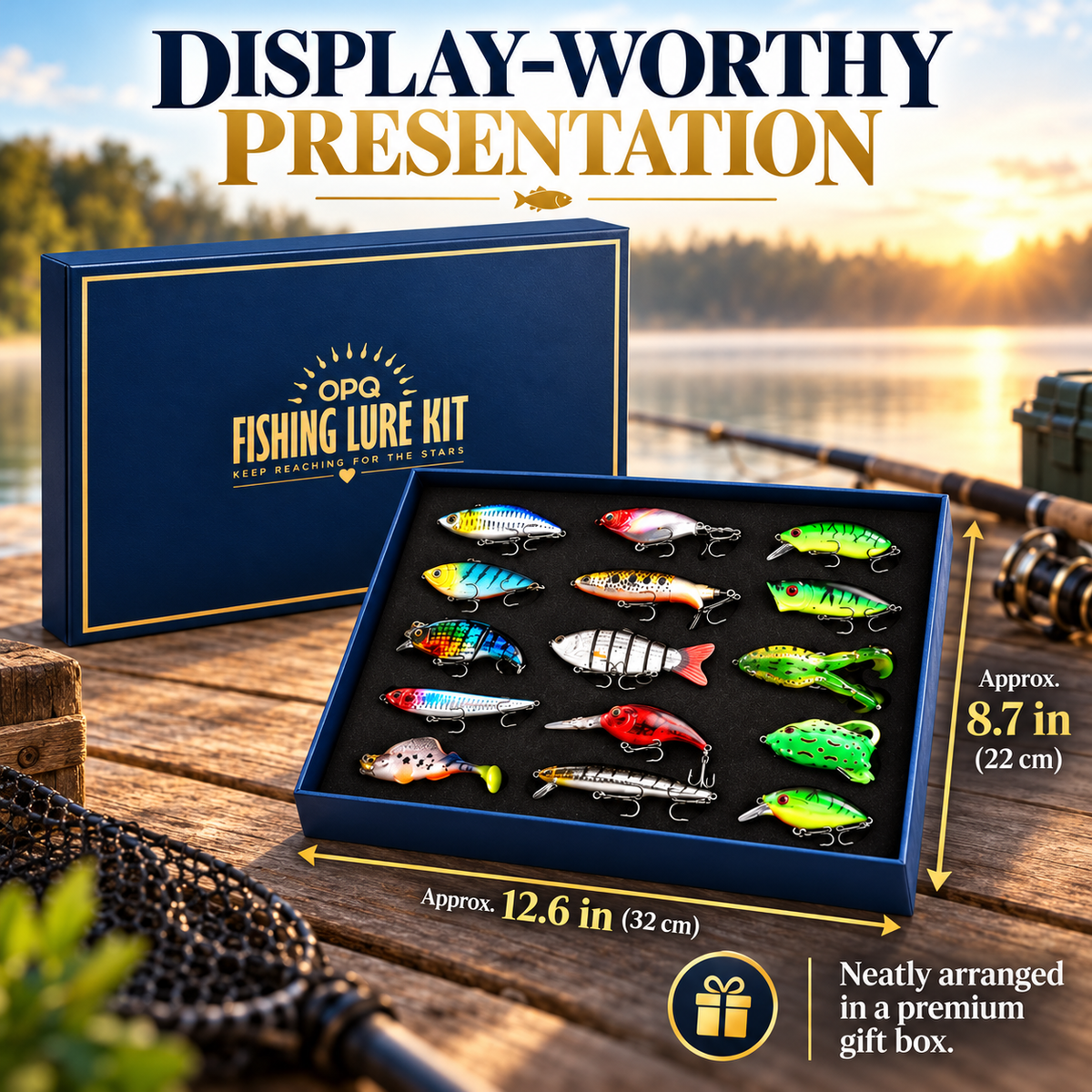 Presentation box with approximate twelve point six by eight point seven inch dimensions