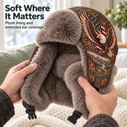 🦅 “Wings of Freedom” Genuine Leather Winter Trapper Hat with Plush Lining