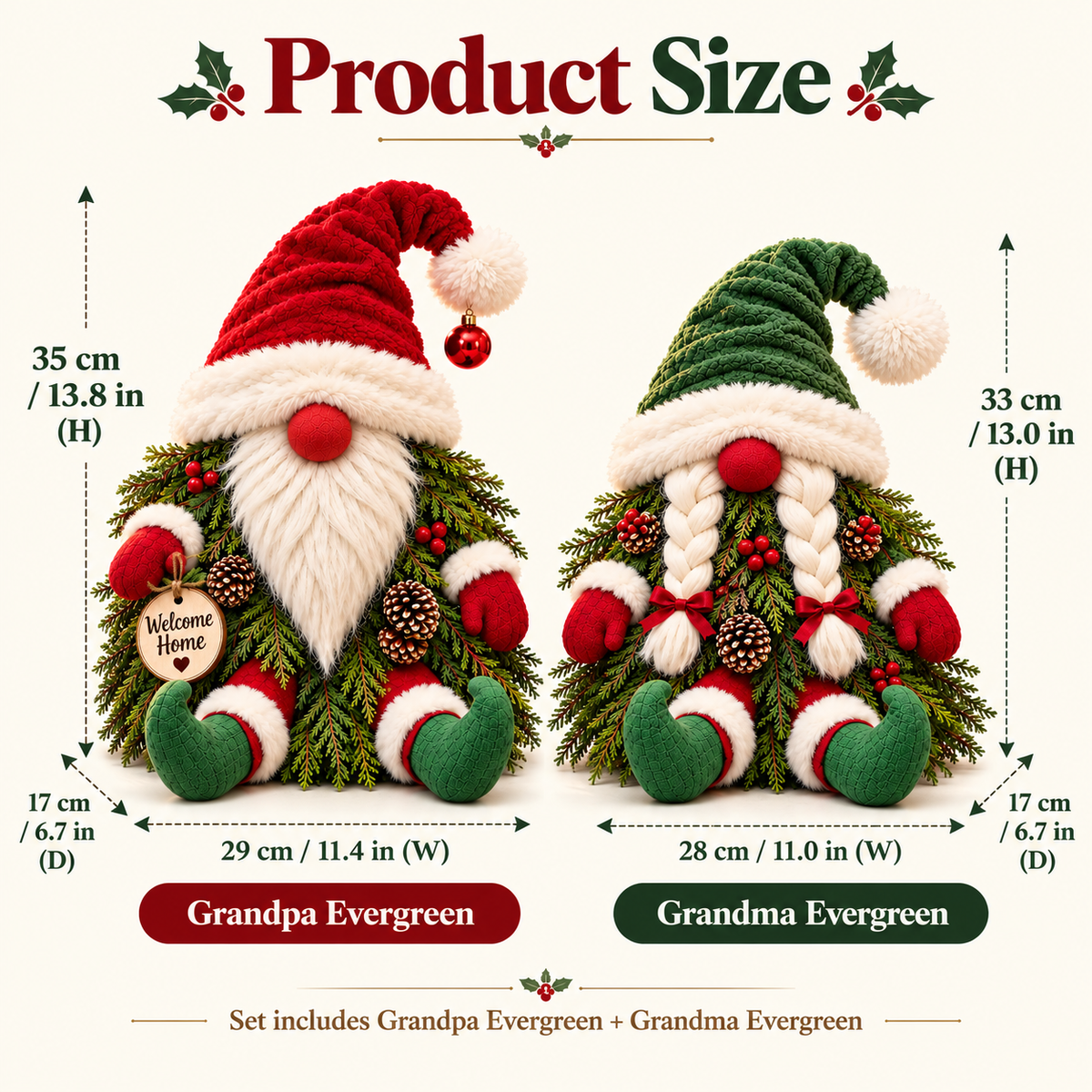 Grandpa and Grandma Evergreen Christmas Gnome Dimensions