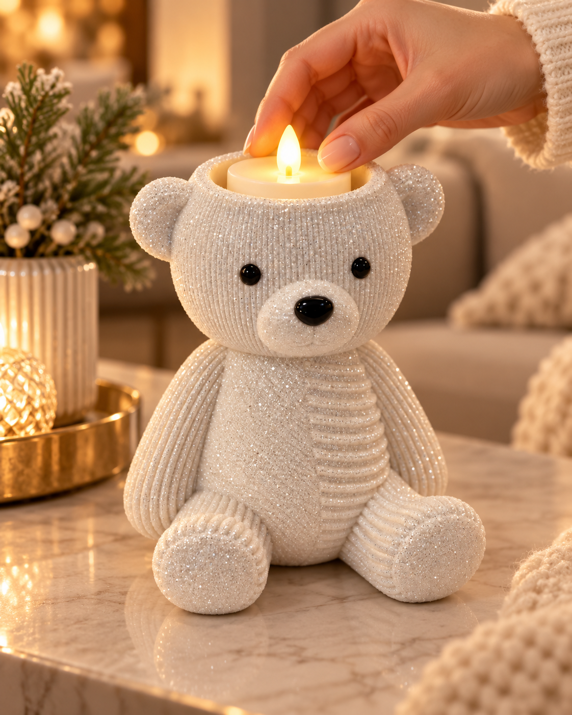 Cozy Polar Bear Candle Holder – Sparkling Winter Home Decor & Christmas Gift