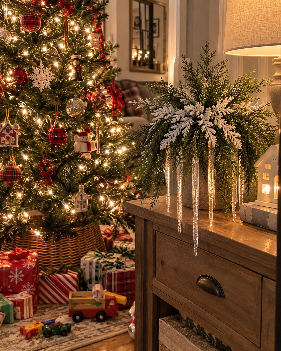 Snow-Kissed Icicle Greenery – Cascading Winter Mantel & Window Decor