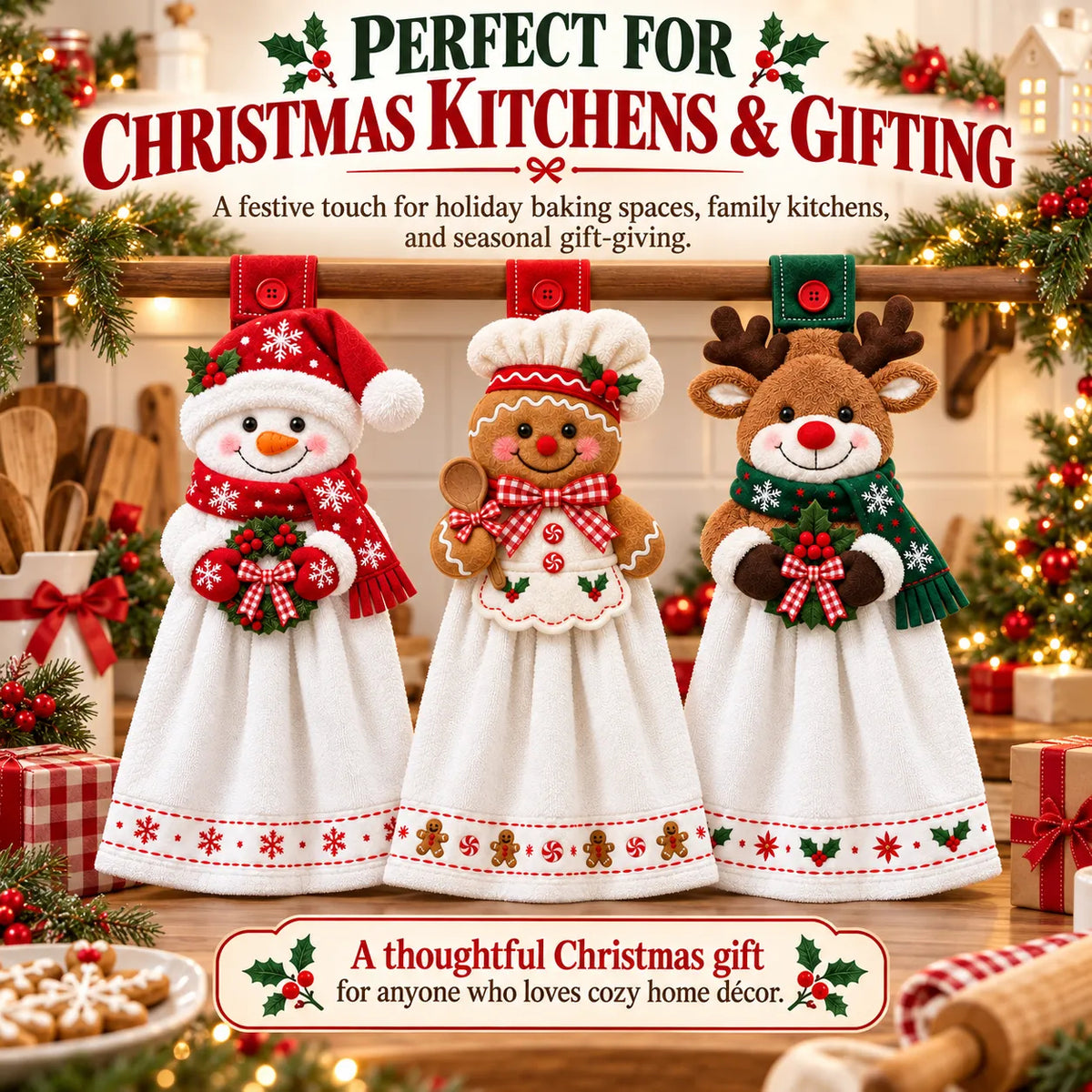 Snowman Gingerbread Baker and Reindeer hanging kitchen towels styled for a festive Christmas kitchen and gifting