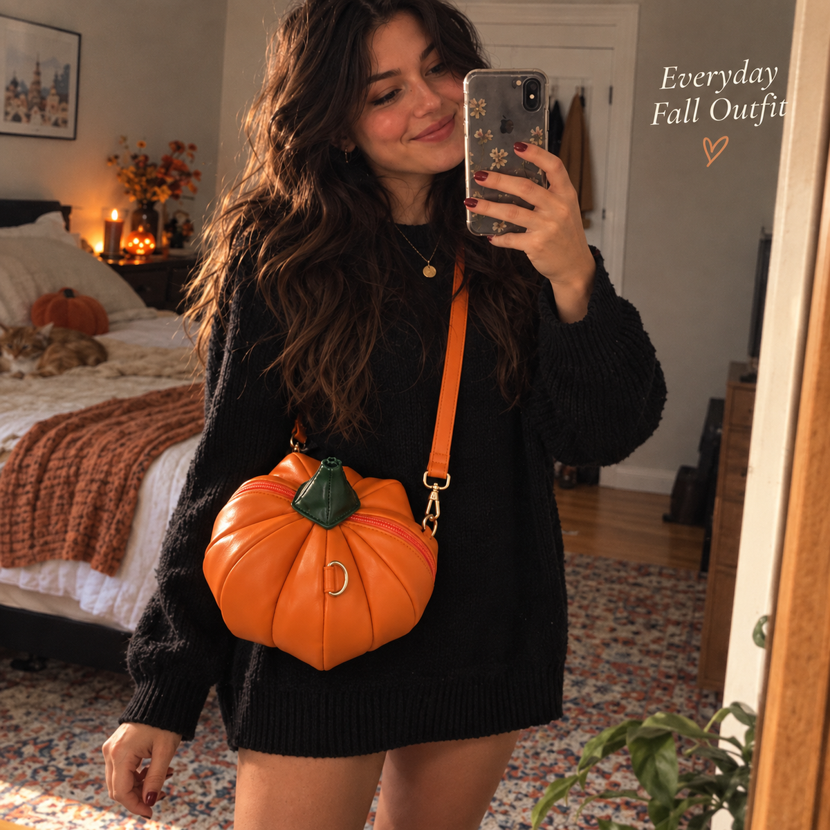 Woman wearing pumpkin crossbody purse with fall outfit