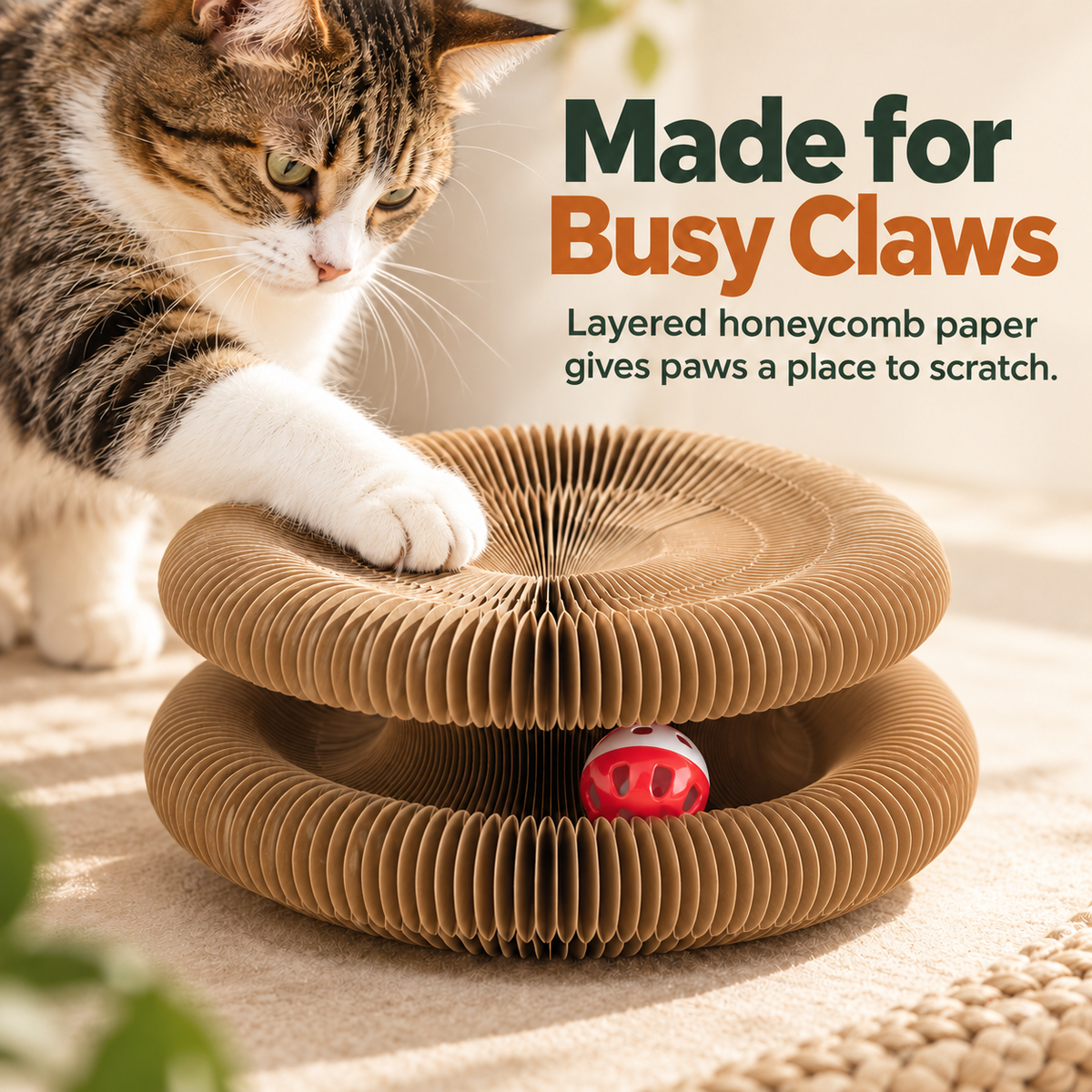 🐾 Foldable Honeycomb Cat Scratcher & Bell Ball Toy