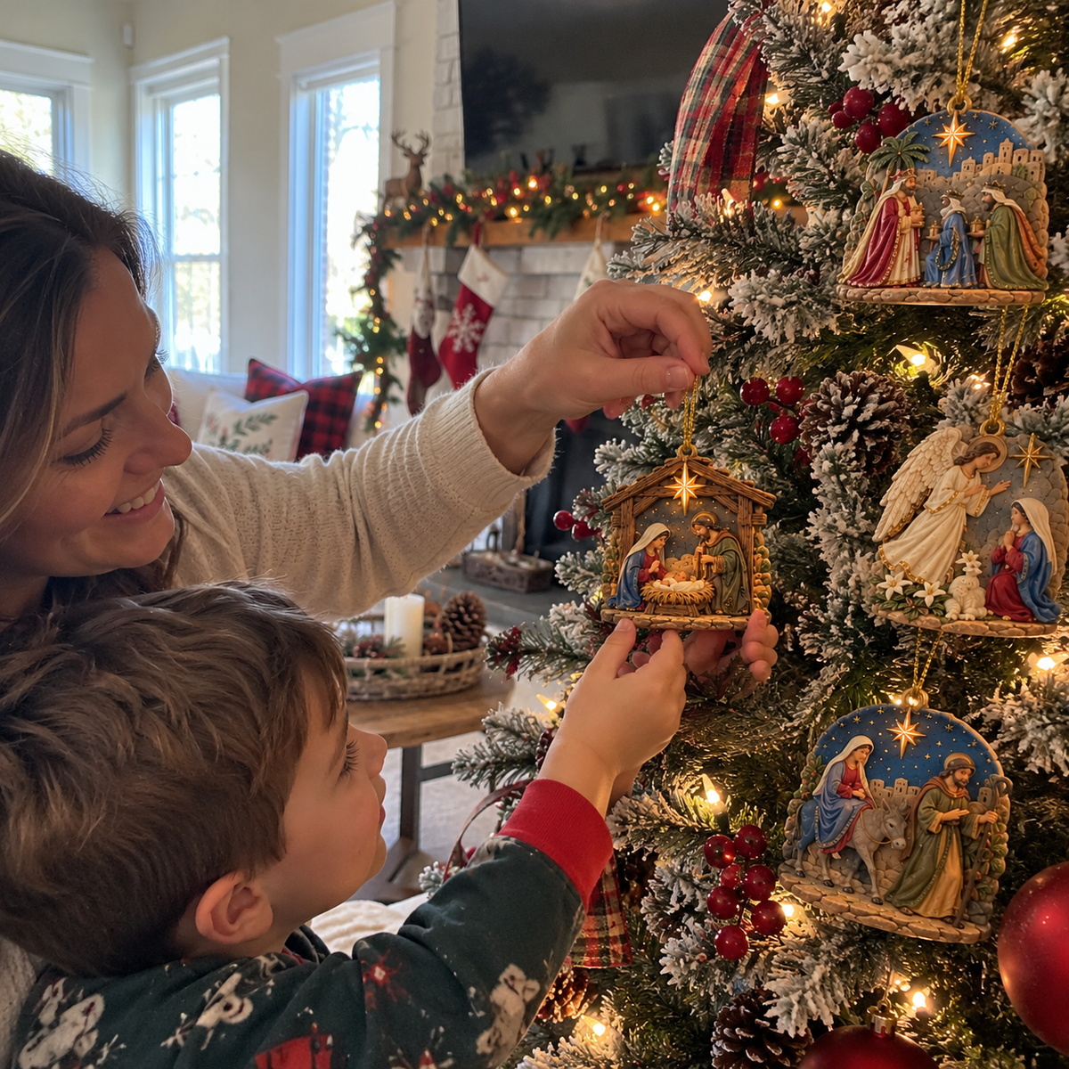 Different Nativity scenes on a Christmas tree in a bright American living room