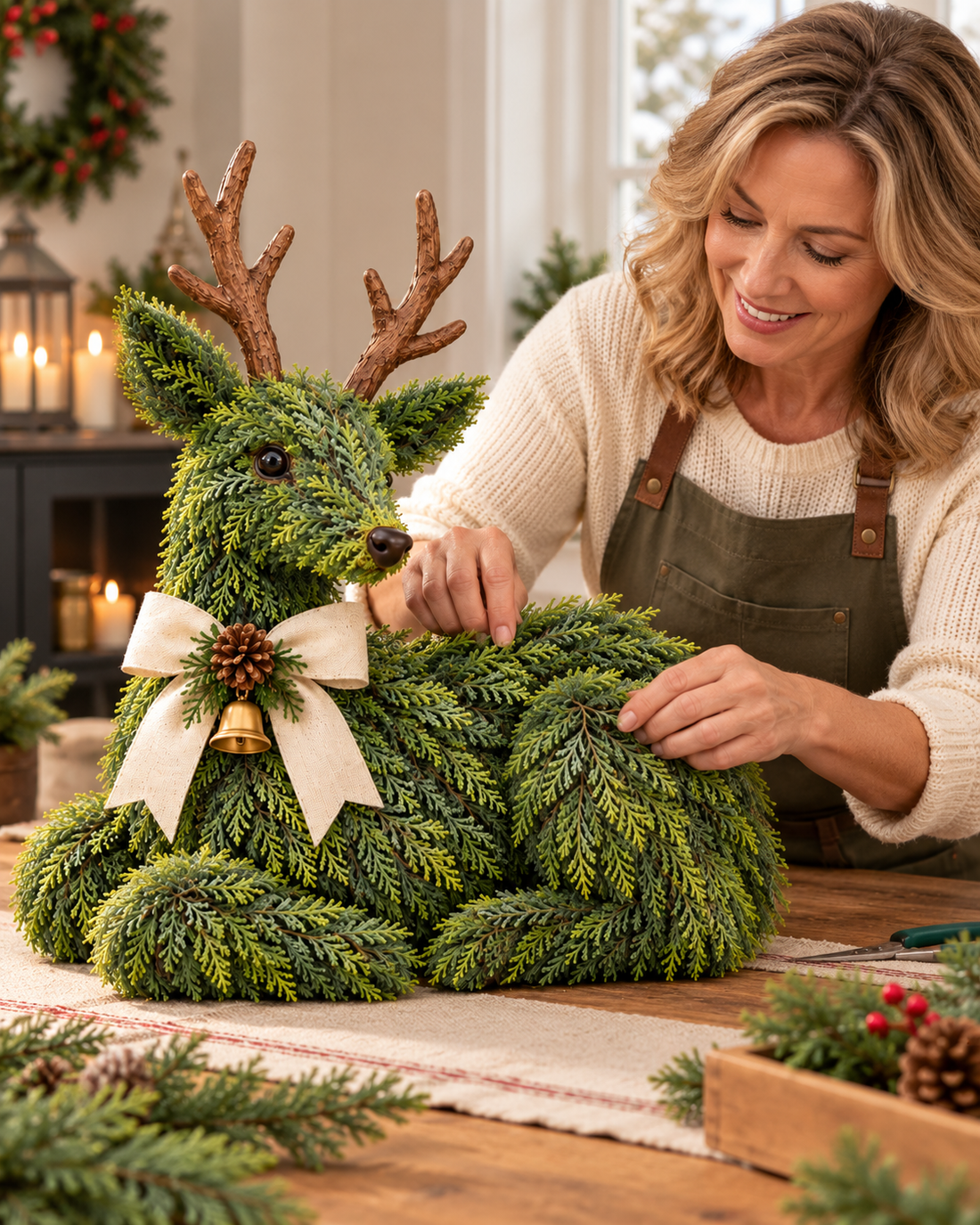 Woman gently shaping greenery on a decorative Christmas reindeer