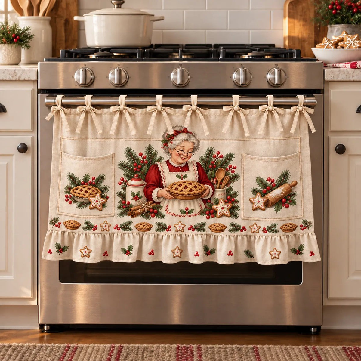 ⏳ Last Day 49% OFF – 🎄 Christmas Kitchen Tie-On Skirt | Festive Holiday Designs with Pockets & Ruffled Trim ✨