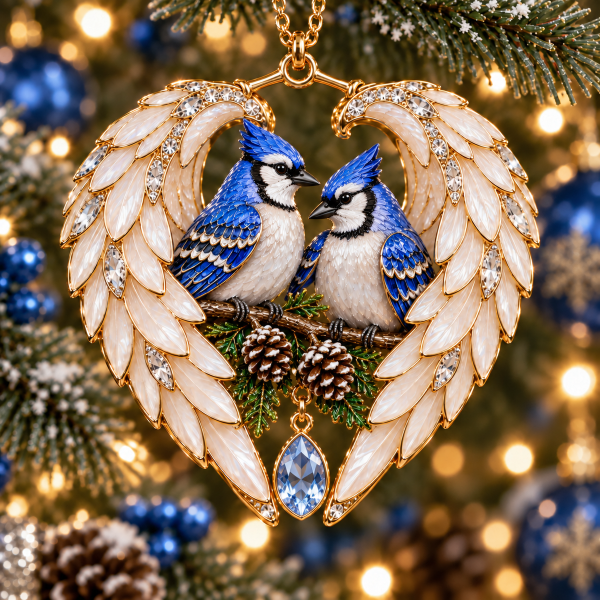 Blue-and-white Bluebird Pair inside white wings with pinecones and a blue hanging accent