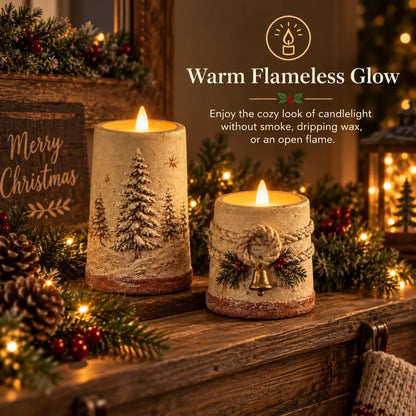Rustic Christmas Flameless LED Candle Decor Set of 2