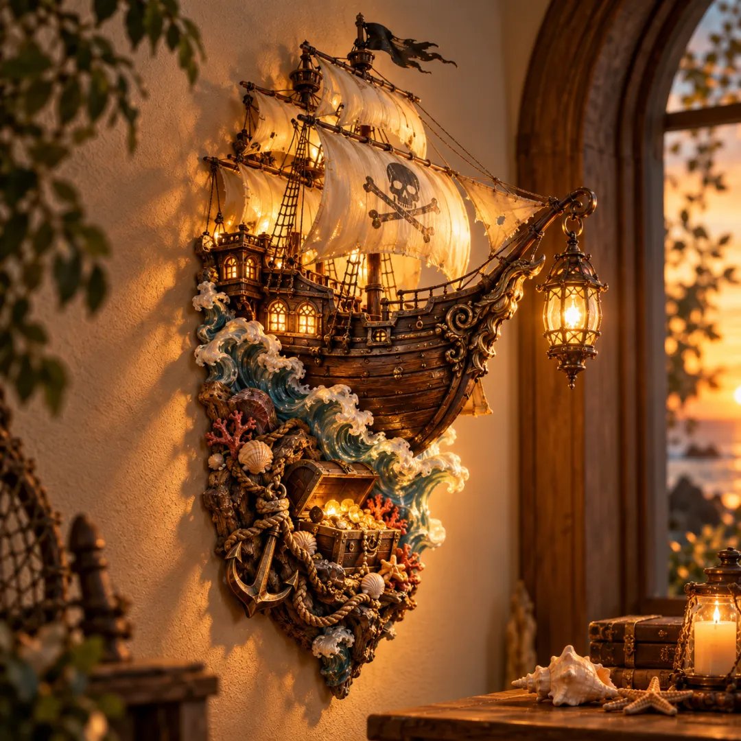 🏴‍☠️⛵🔥 Illuminated Pirate Ship Wall Lantern