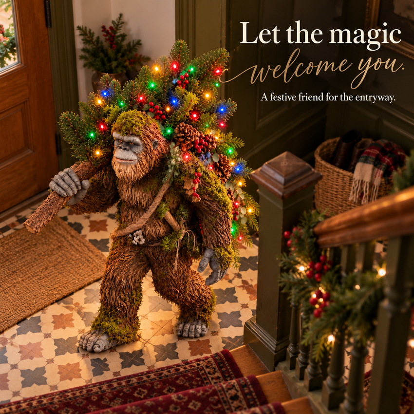 Decorated Sasquatch placed in a festive entryway next to a staircase
