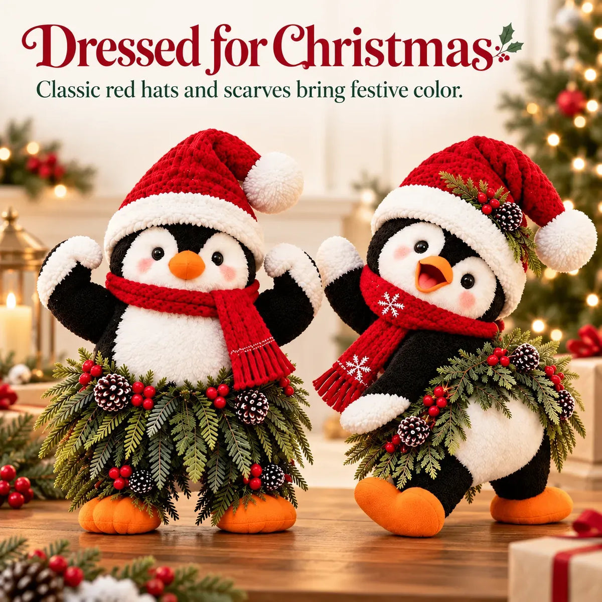 Weihnachtliche Pinguin-Willkommensdekoration mit Weihnachtsmütze und festlichem Grün