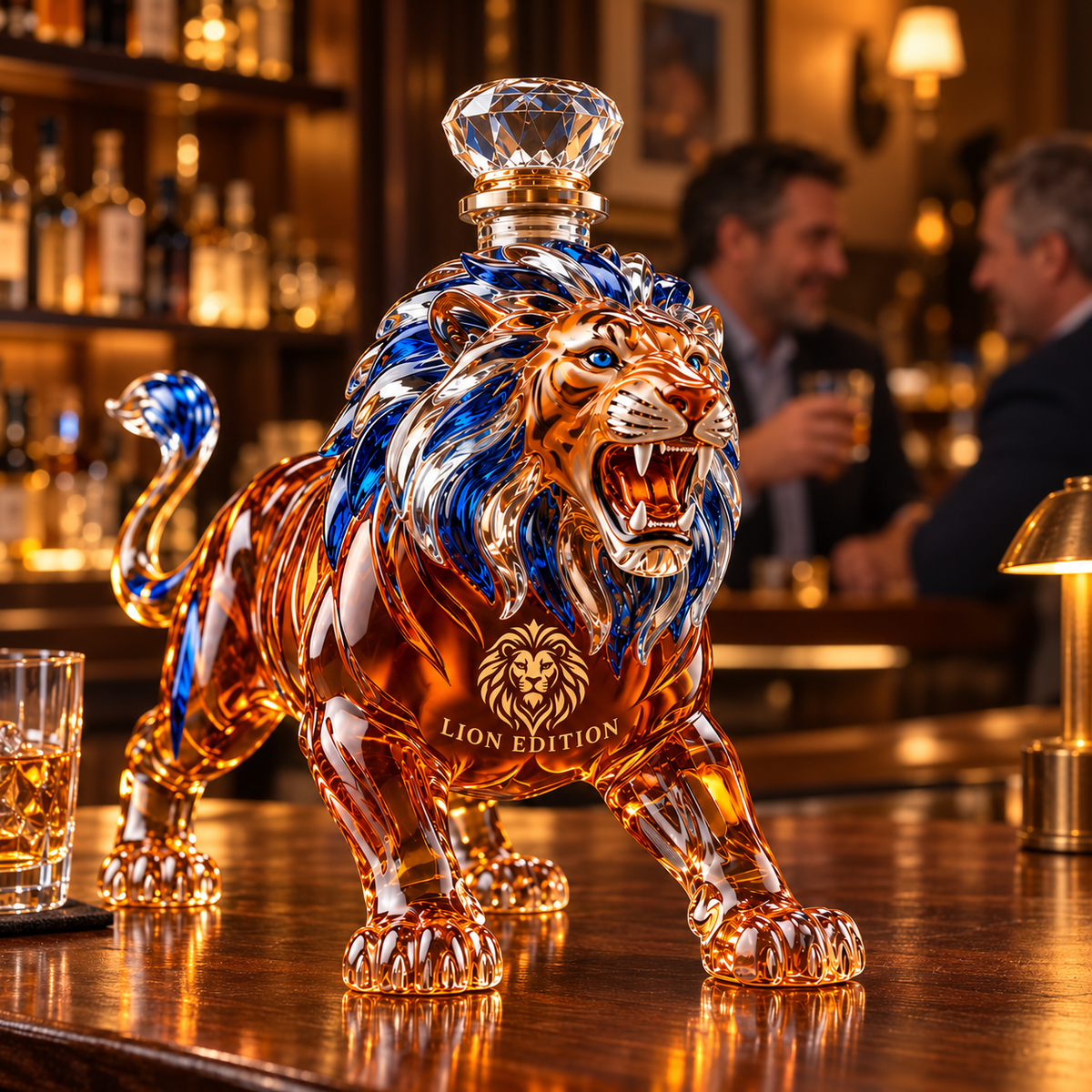 Lion collector bottle displayed on a warmly lit bar counter
