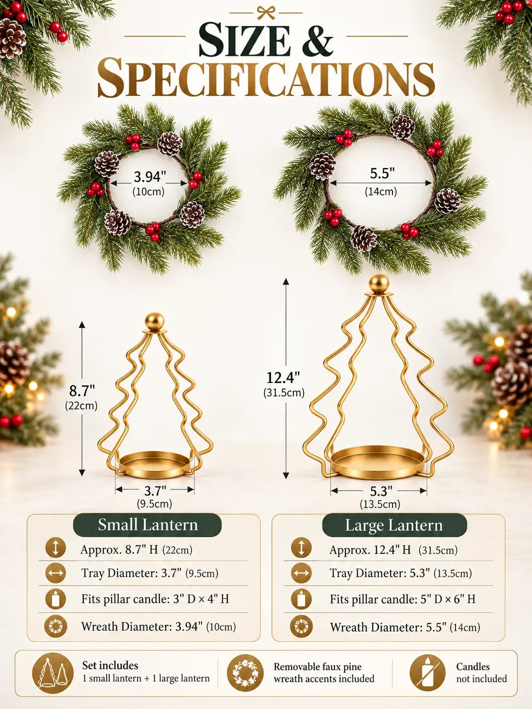 ✨Christmas Tree Candle Holders – Gold Lanterns with Wreaths