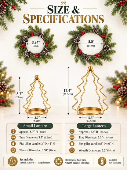 ✨Christmas Tree Candle Holders – Gold Lanterns with Wreaths