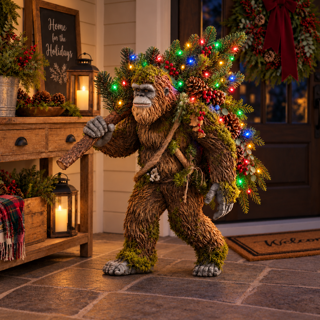 Sasquatch Christmas figure with colorful lights illuminated on an evening porch