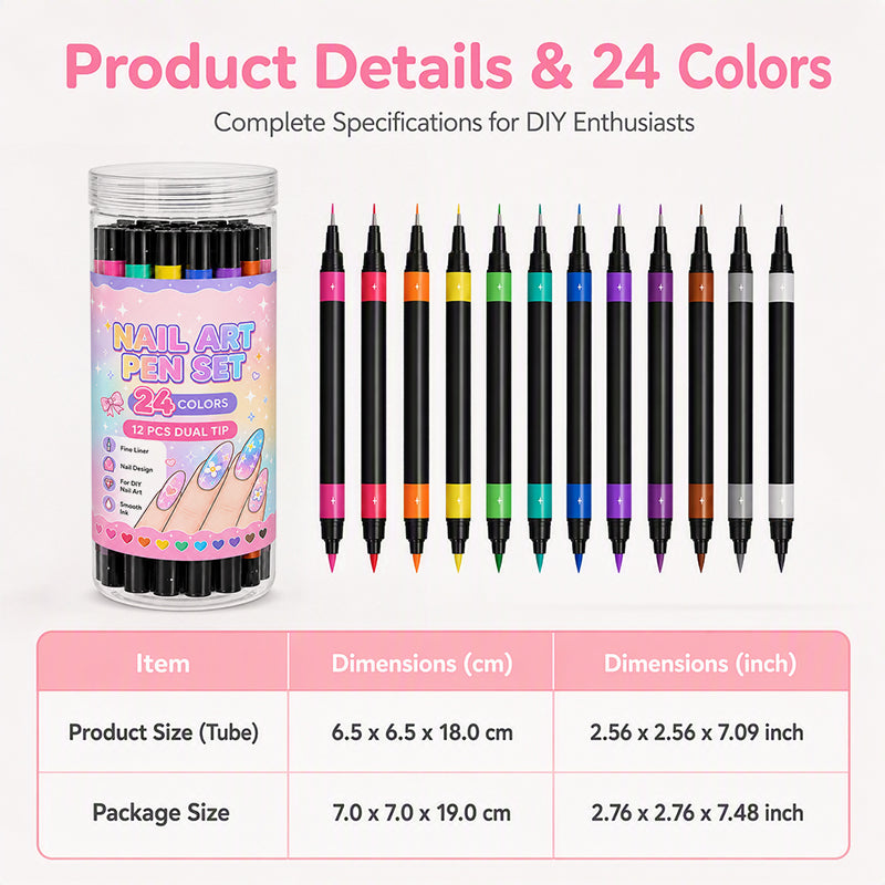 24-Color Dual-Tip Nail Art Drawing Pens