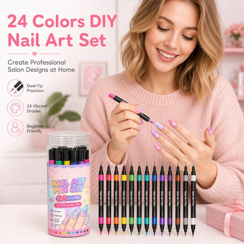 24-Color Dual-Tip Nail Art Drawing Pens