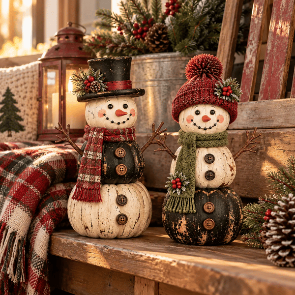 ☃️ Vintage Pumpkin Snowman Duo – Rustic Black & Ivory Farmhouse Christmas Figurines