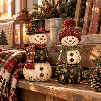 ☃️ Vintage Pumpkin Snowman Duo – Rustic Black & Ivory Farmhouse Christmas Figurines