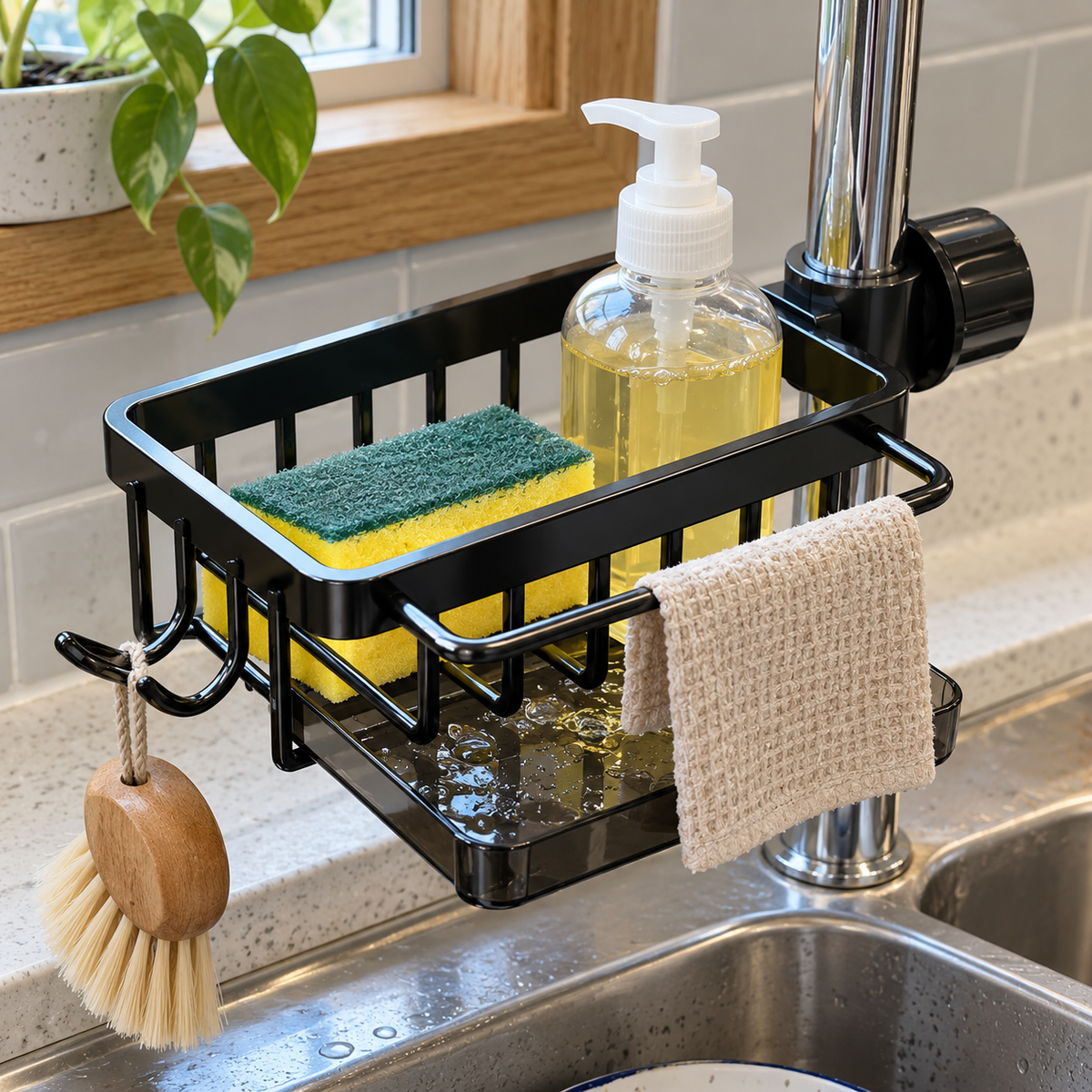 Faucet-Mounted Sink Organizer with Drip Tray