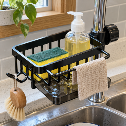 Faucet-Mounted Sink Organizer with Drip Tray