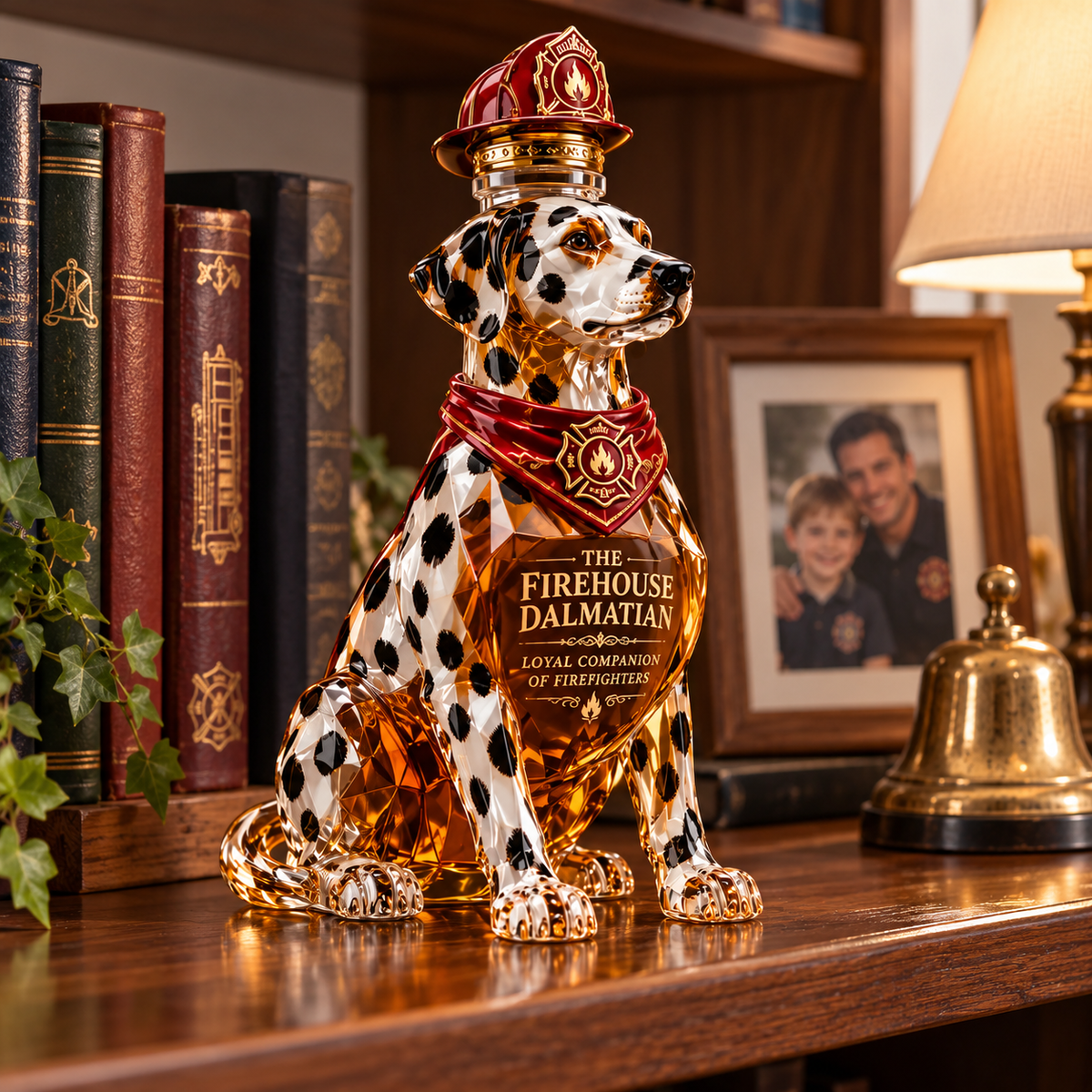 Firehouse Dalmatian bottle displayed beside books and a brass-colored bell