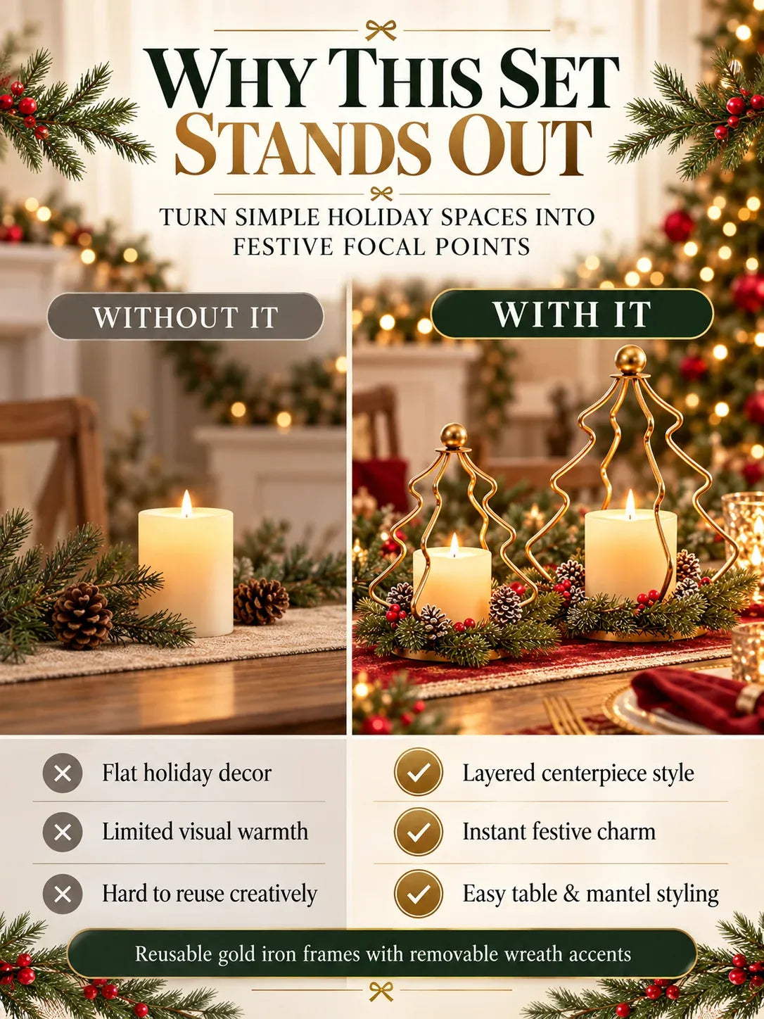✨Christmas Tree Candle Holders – Gold Lanterns with Wreaths