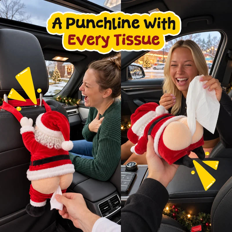 Santa plush tissue holder with red velvet-style outfit and rear tissue opening displayed in a living room