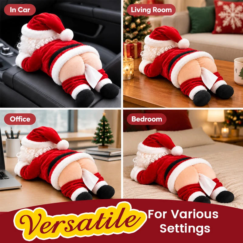 Older man laughing beside a Santa tissue holder on a living room coffee table