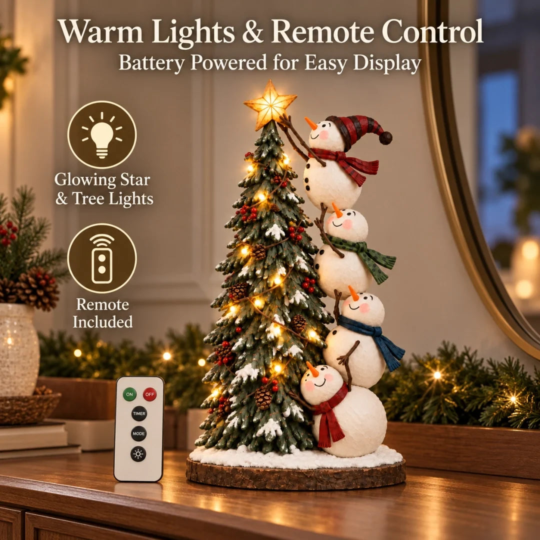 Lighted snowman Christmas tree figurine shown with remote control in a warm evening room