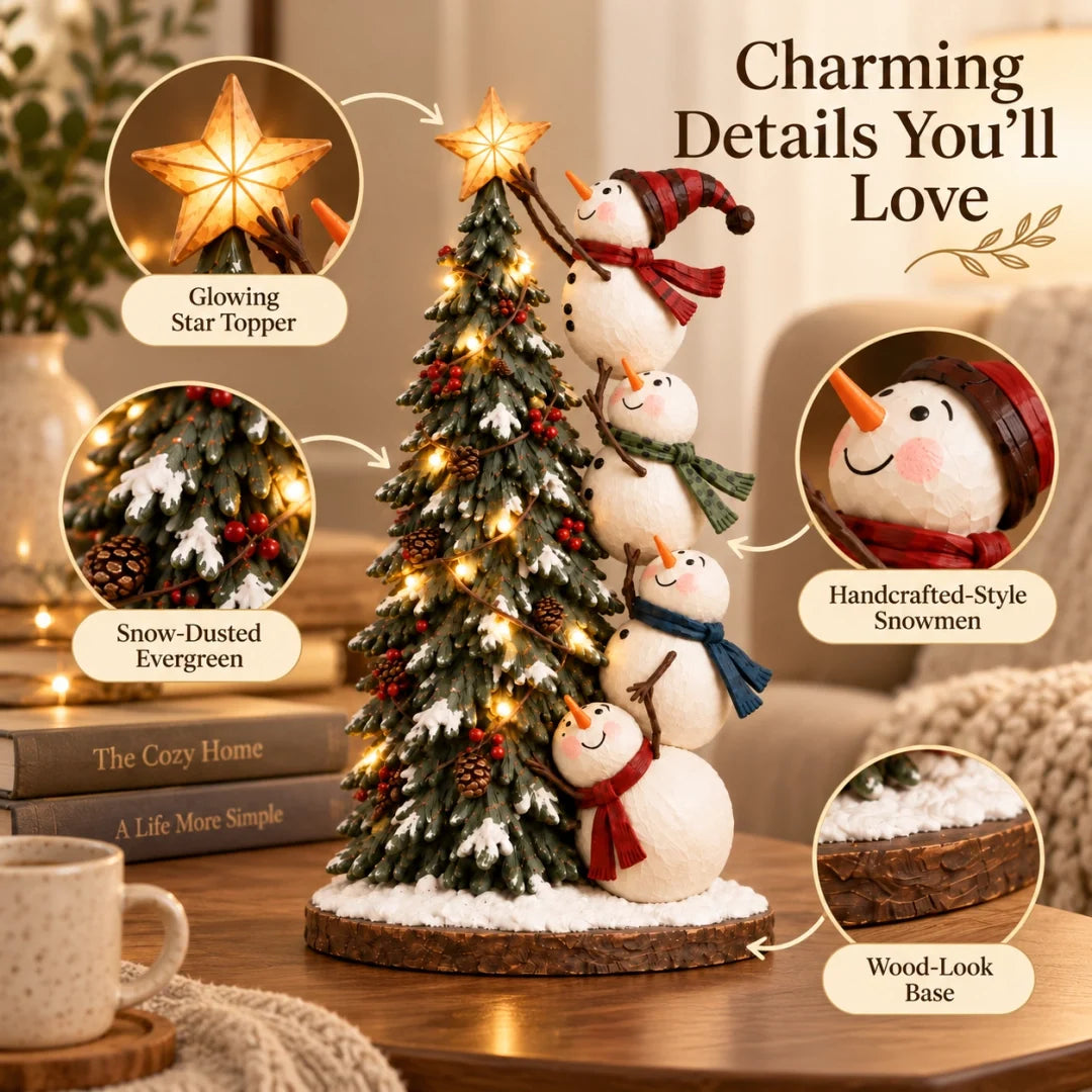 Close-up product graphic highlighting the star topper snow-dusted tree snowmen and wood-look base