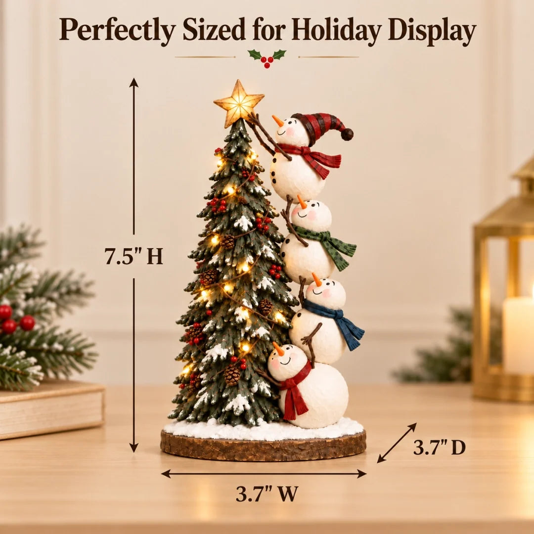 Size graphic showing the snowman tree figurine at approximately 7.5 inches high and 3.7 inches wide and deep