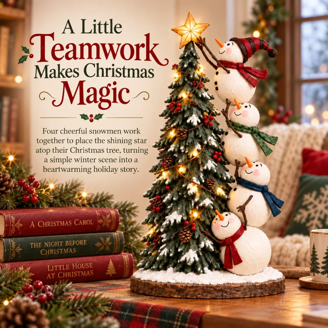 Storytelling product image showing four snowmen climbing beside a lit Christmas tree