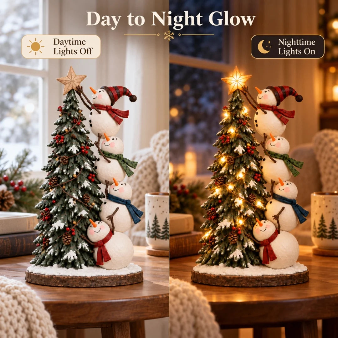 Day and night comparison of the snowman Christmas tree figurine with lights off and on