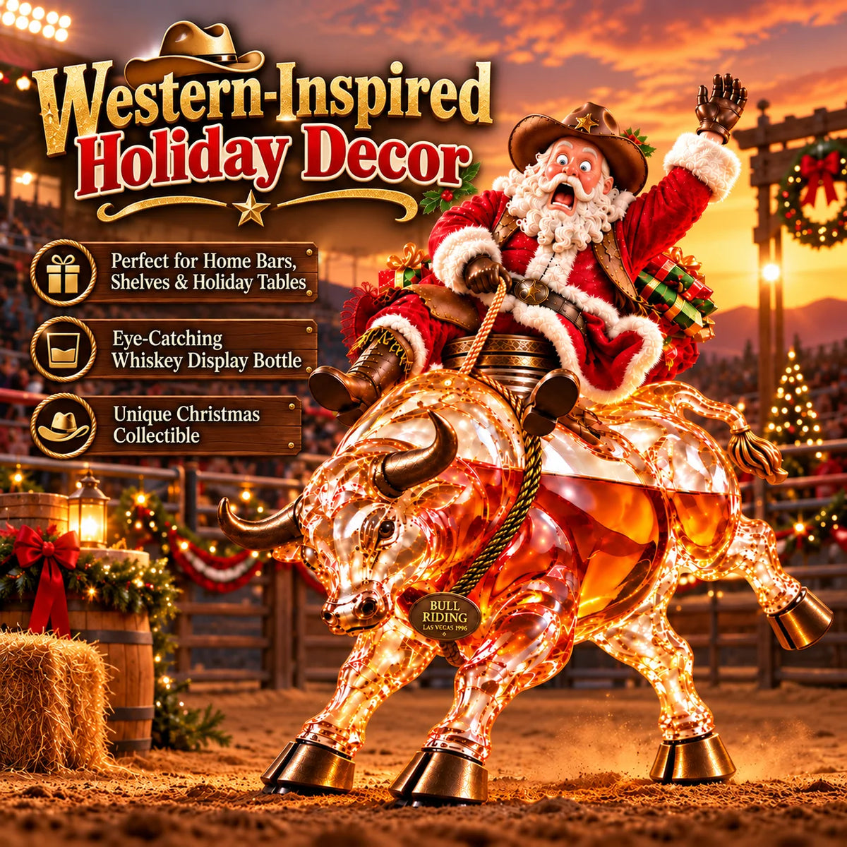 🎄🐂 Scared Santa Bull Rider Whiskey Bottle –  Unique Holiday Gift 🎁