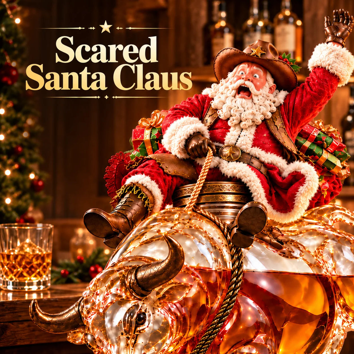 🎄🐂 Scared Santa Bull Rider Whiskey Bottle –  Unique Holiday Gift 🎁
