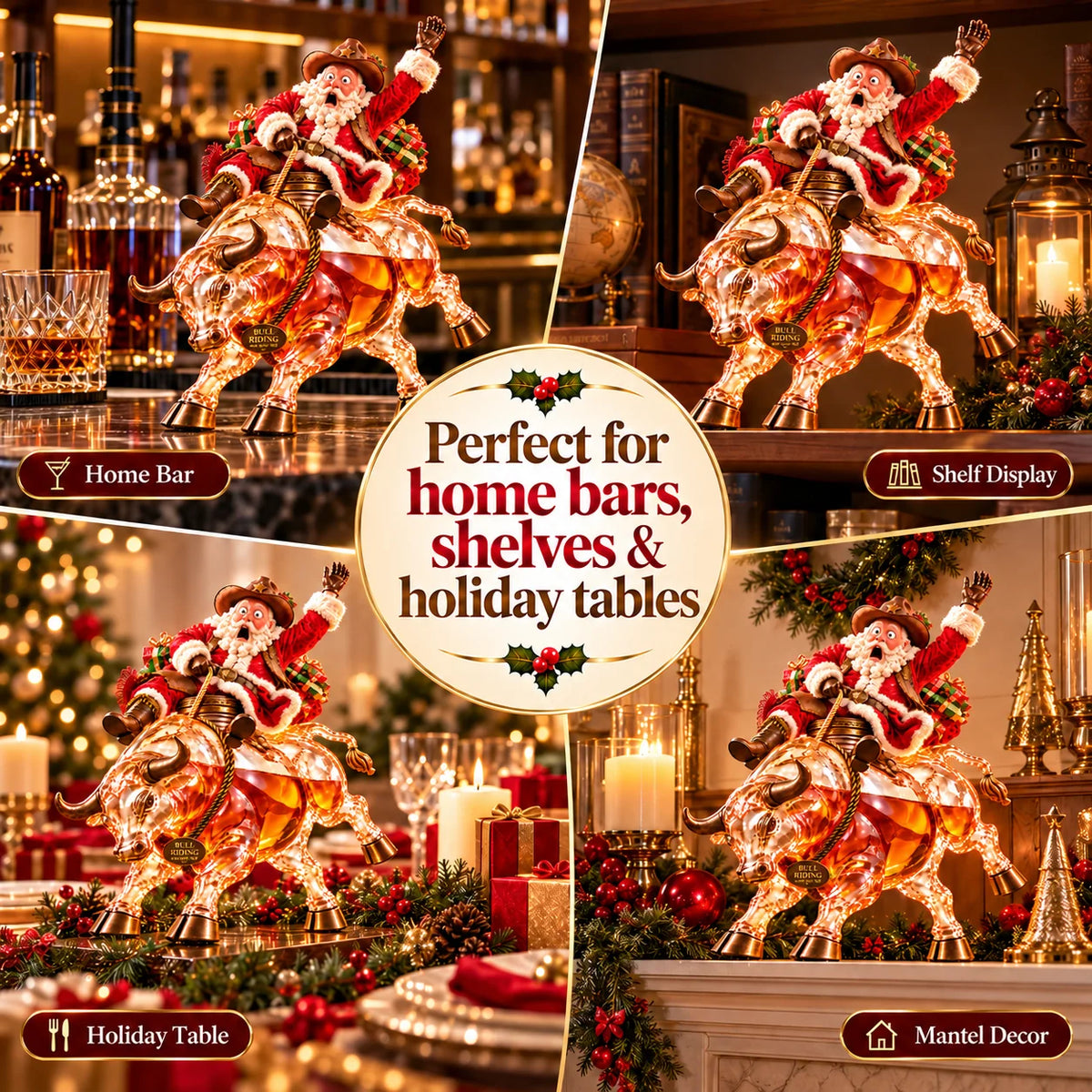 🎄🐂 Scared Santa Bull Rider Whiskey Bottle –  Unique Holiday Gift 🎁