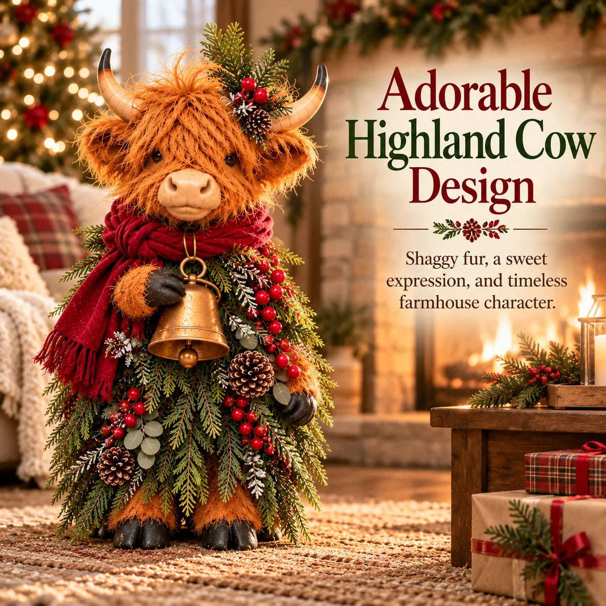 Christmas Highland Cow with Bell – Rustic Farmhouse Holiday Figurine with Evergreen Accents & Burgundy Scarf