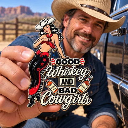 🤠🐎 “Good Whiskey and Bad Cowgirls” Vintage Western Cowgirl Metal Car Emblem