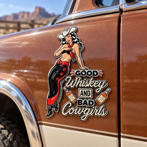 🤠🐎 “Good Whiskey and Bad Cowgirls” Vintage Western Cowgirl Metal Car Emblem