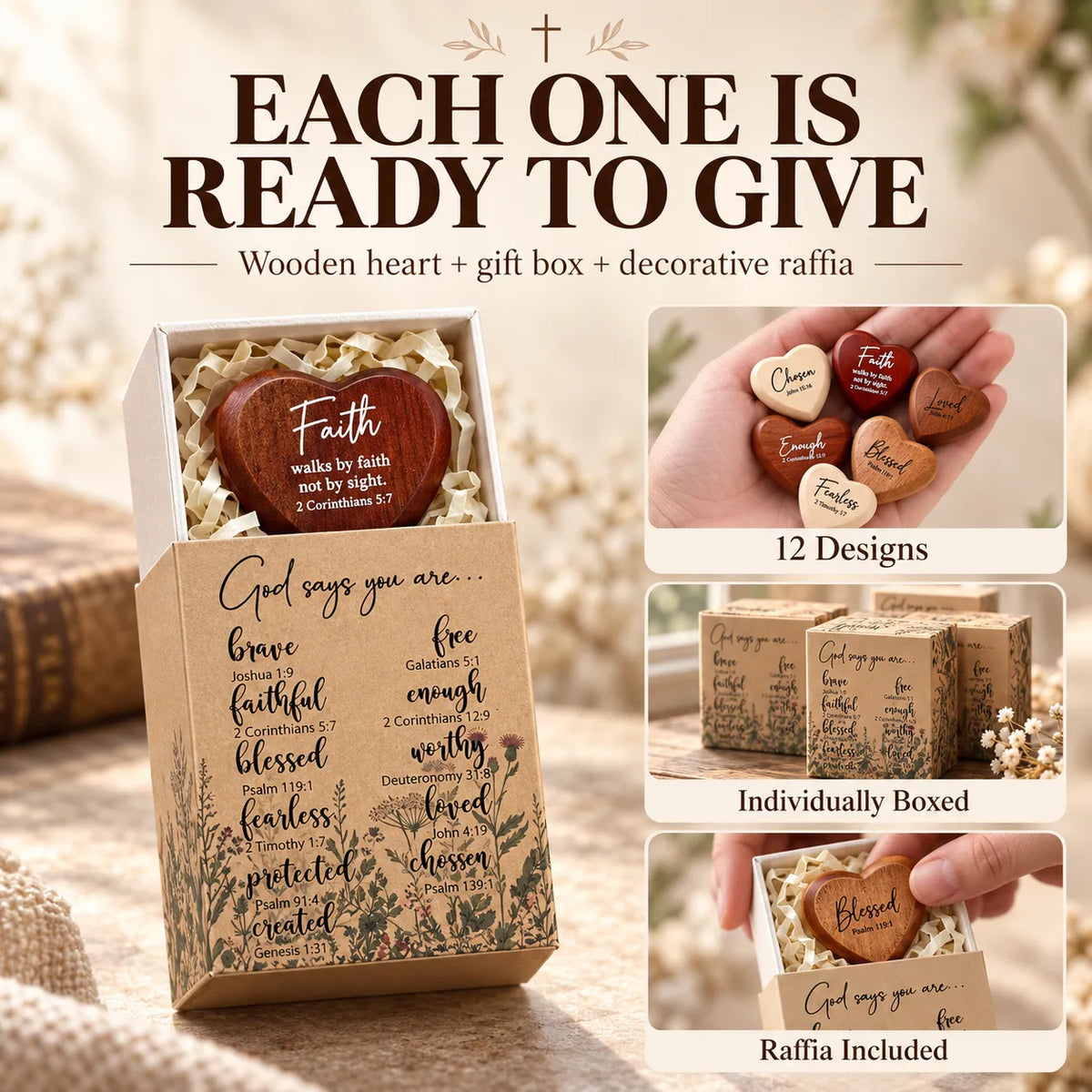 ✝️ 12-Piece Christian Wooden Heart Keepsake Gift Set