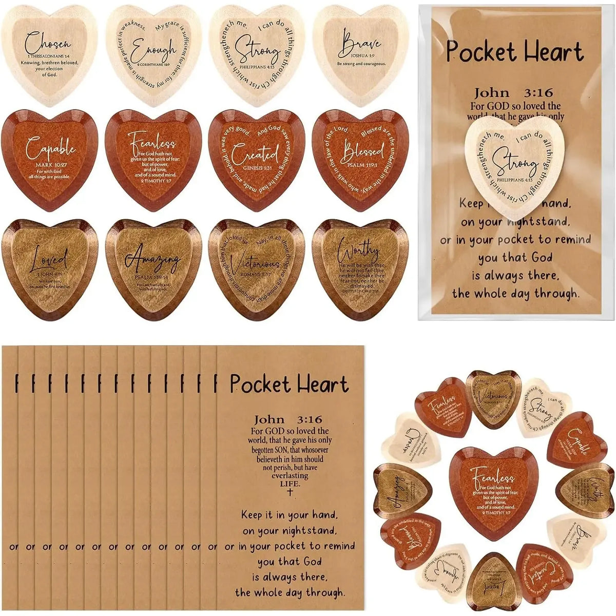 ✝️ 12-Piece Christian Wooden Heart Keepsake Gift Set