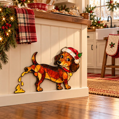 Funny Peeing Dachshund Christmas Decoration – Stained Glass-Style Sausage Dog Yard Art & Baseboard Decor