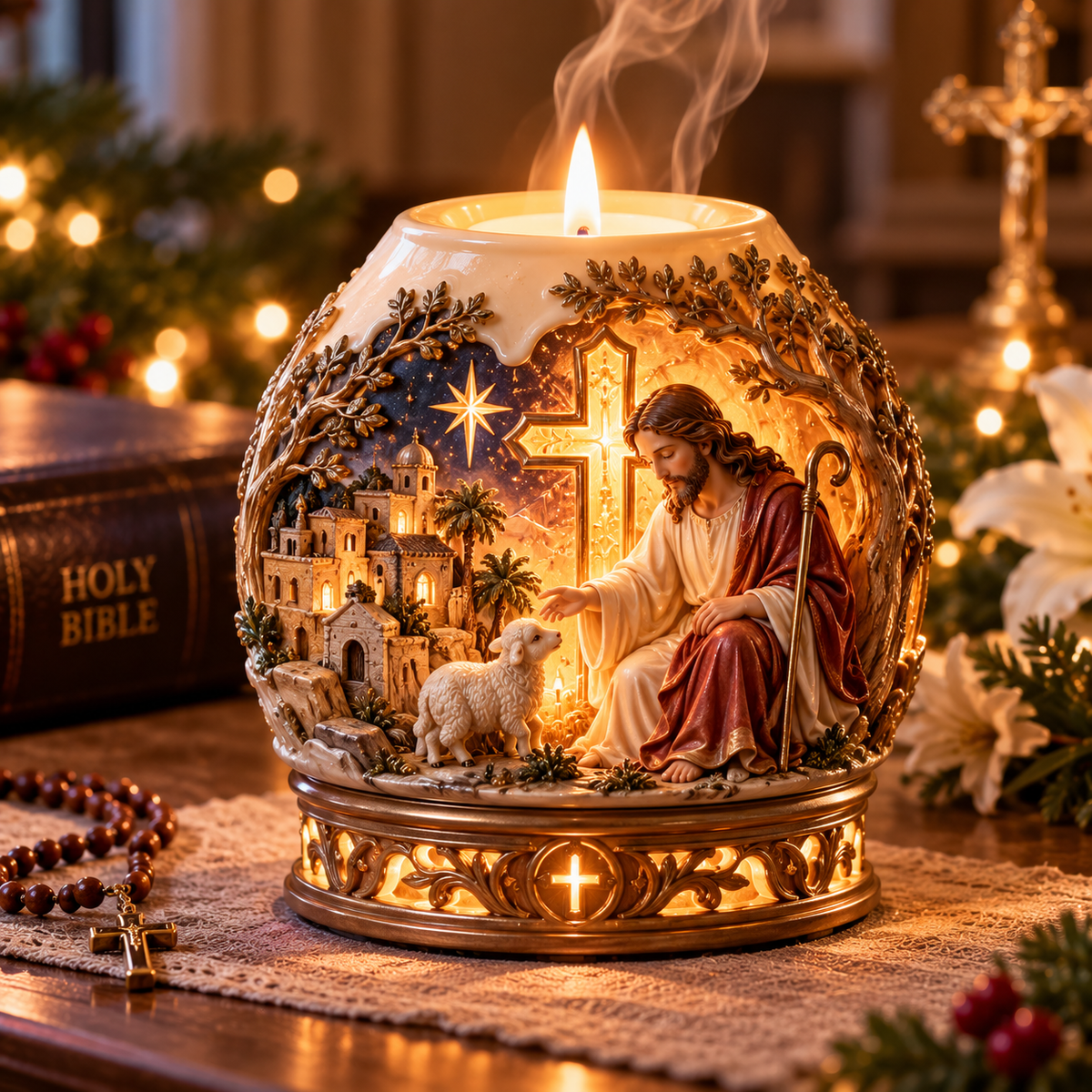 ✝️✨ Jesus Light of Faith™ – 3D Jesus Nativity Scented Candle with Glowing Cross | Christian Christmas Gift of Faith, Hope & Love