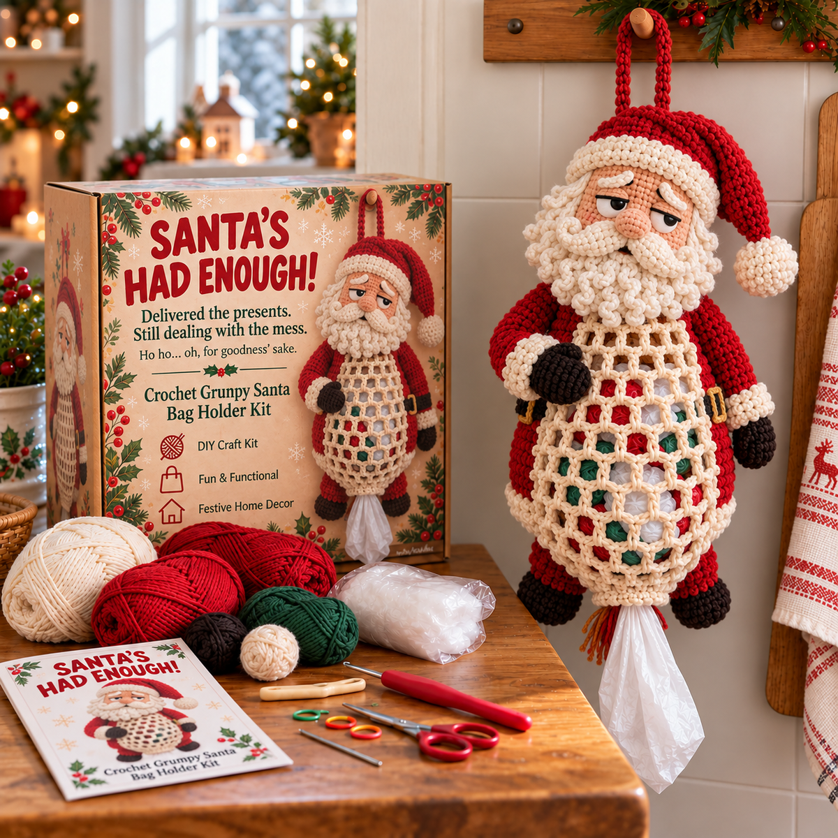 🎄 Christmas Crochet Bag Holder DIY Kit – 4 Funny Festive Designs | A Gift With a Bit of British Humour